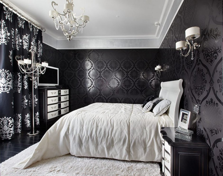 Интерьер спальни черно белый стиль