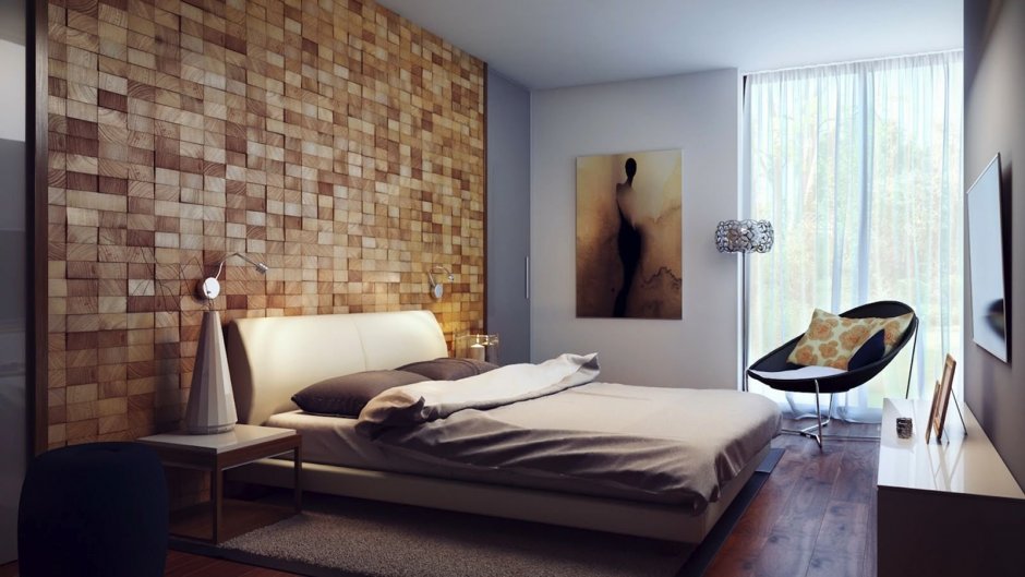 Деревянная мозайка в интерьере спальни