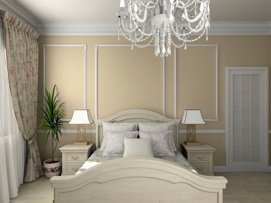 Интерьер спальни в классическом стиле с молдингами