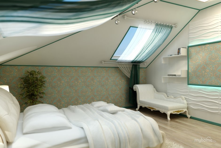 Спальня с мансардной крышей с одной стороны