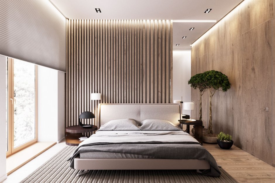 Спальня с рейками на стене