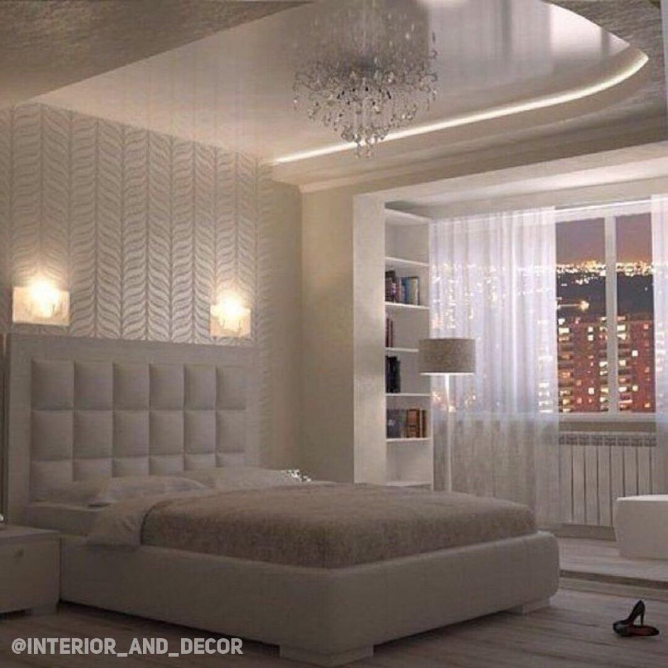 Двухуровневый белый потолок для спальни
