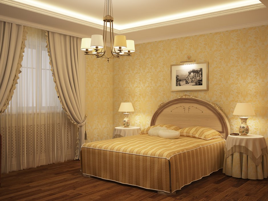Красивые золотые шторы в спальне