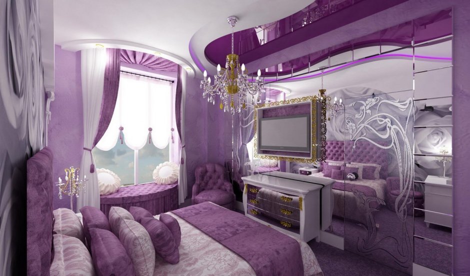 Интерьер спальни в розово сиреневых тонах (35 фото)