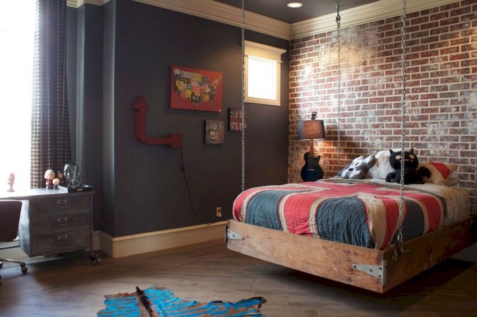 Спальня для подростков в стиле лофт с проектором вместо телевизора