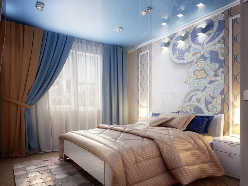Интерьер спальни с голубым потолком