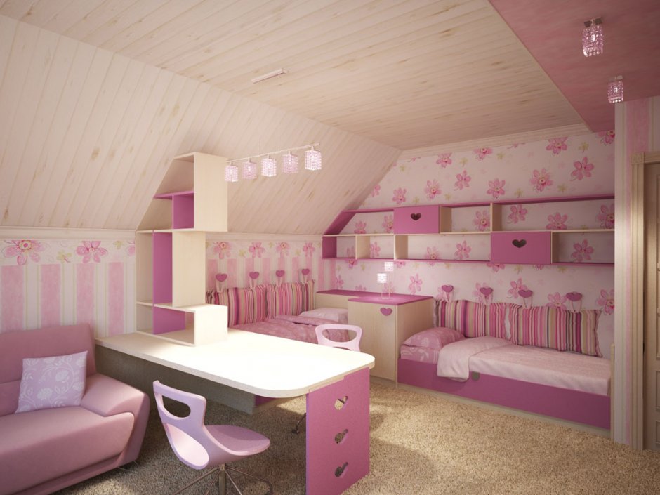 Комната на мансарде для подростка девочки