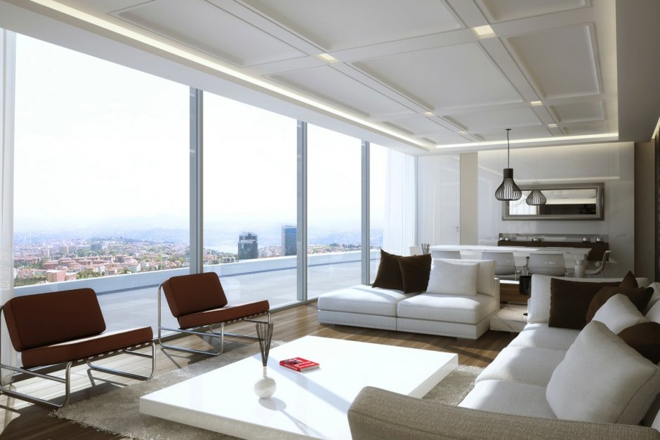 Современная гостиная с панорамными окнами