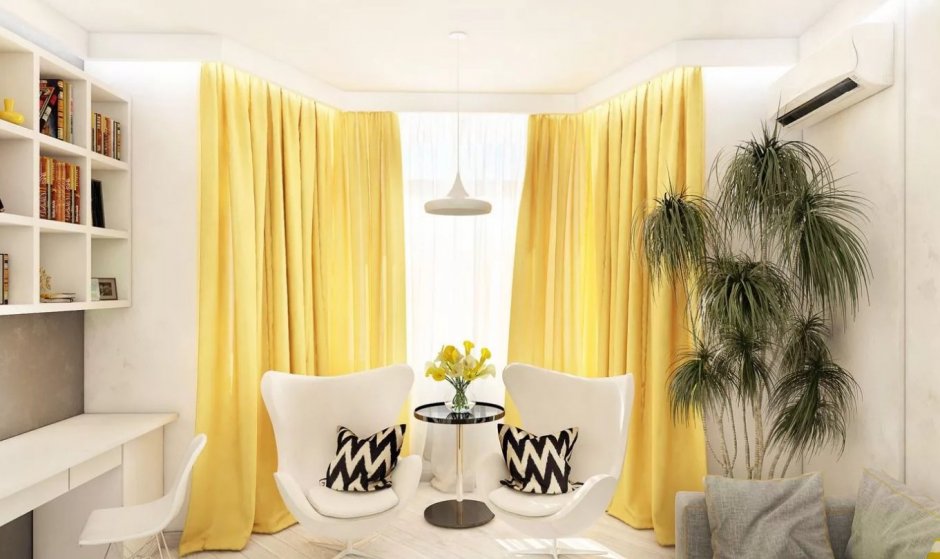 Бледно желтые шторы в интерьере