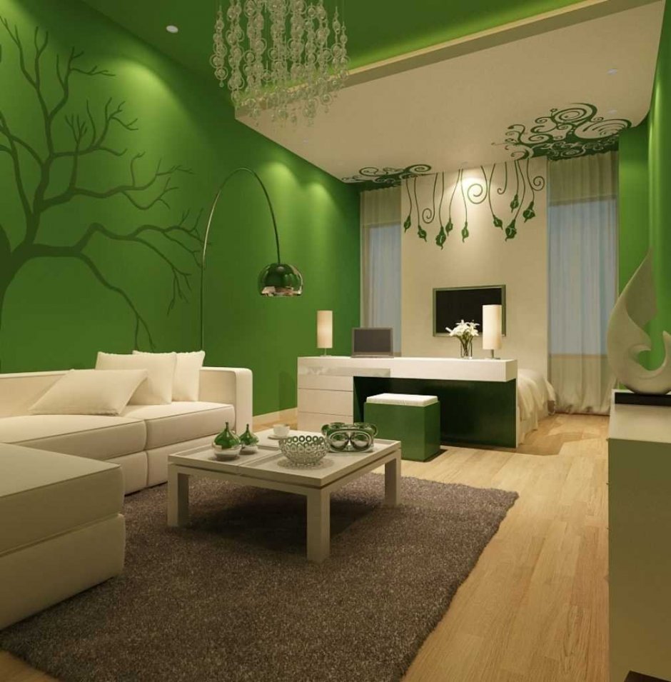 Уютная гостиная в зеленых тонах