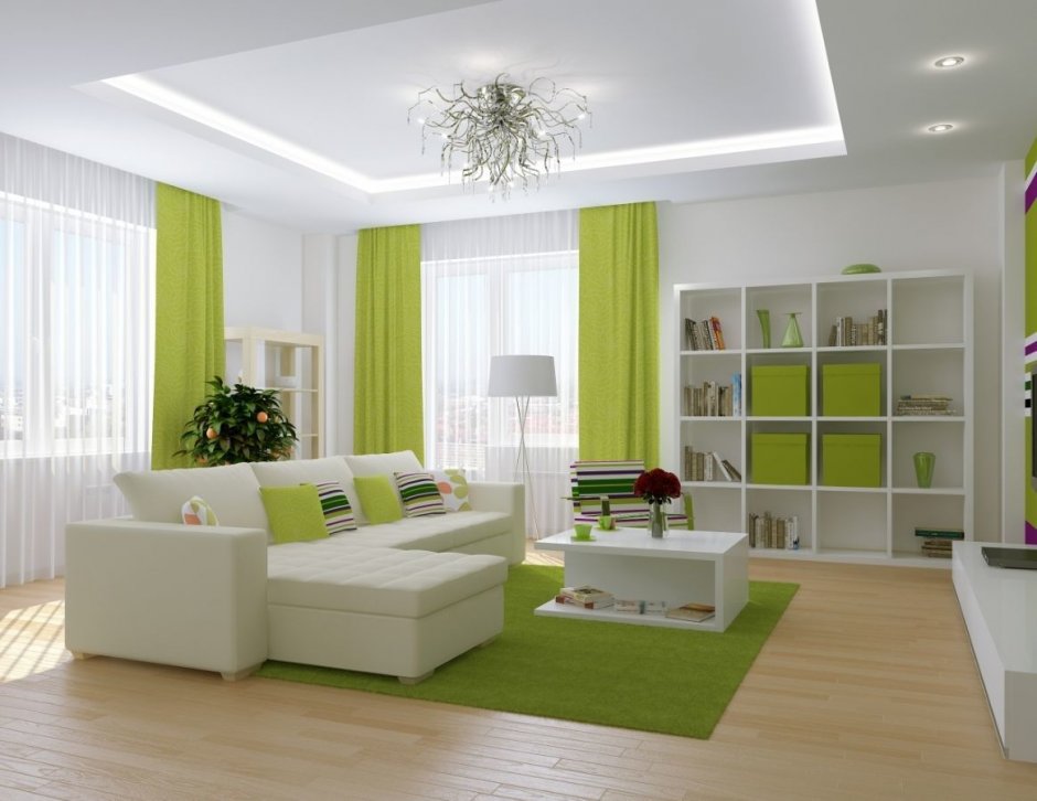 Интерьер с зелеными стенами и белой мебелью