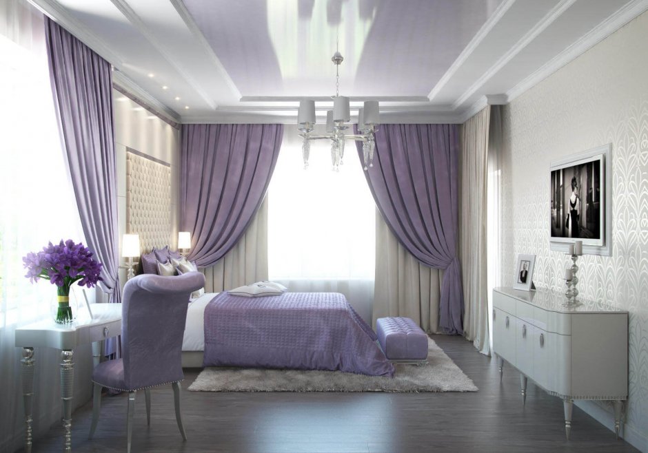 Сиреневые шторы в интерьере спальни