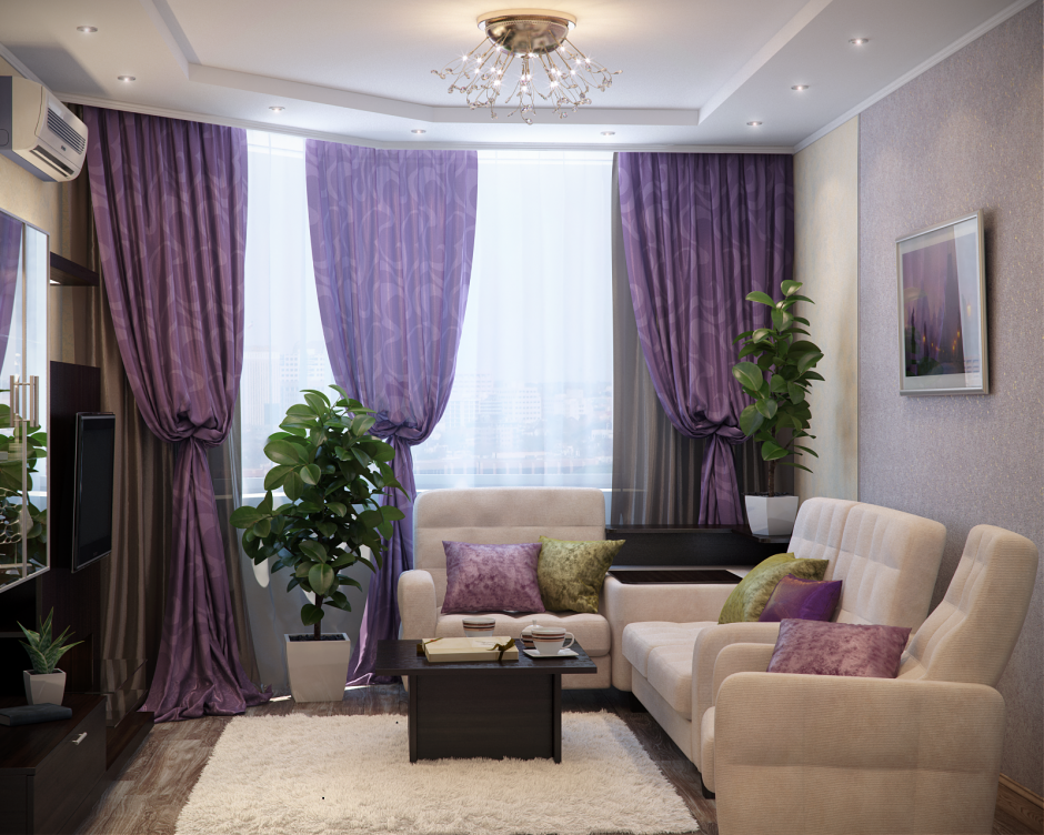 Фиолетовый диван угловой в гостиной шторы