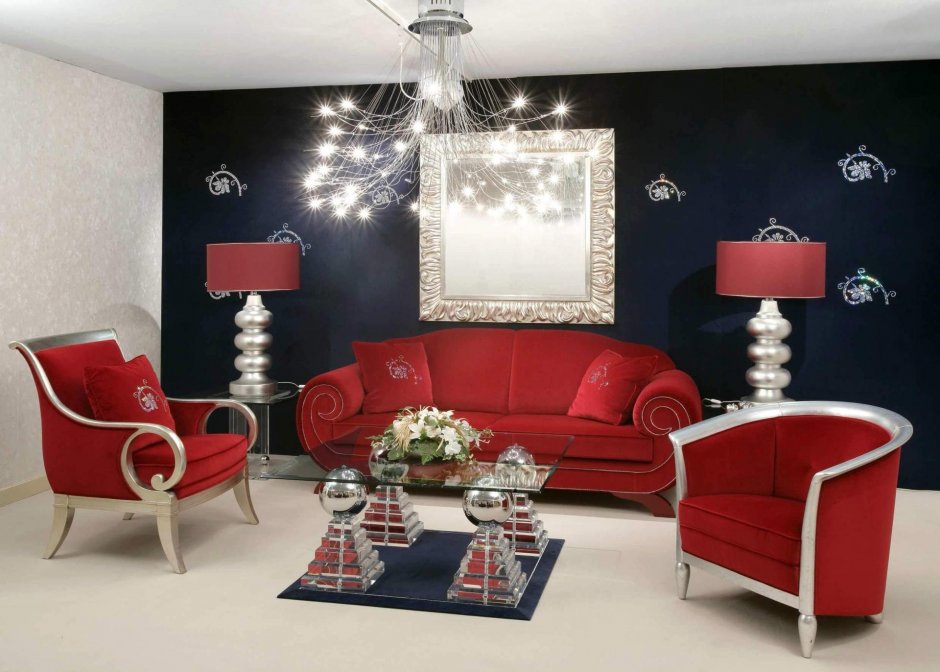Красная мебель в интерьере гостиной