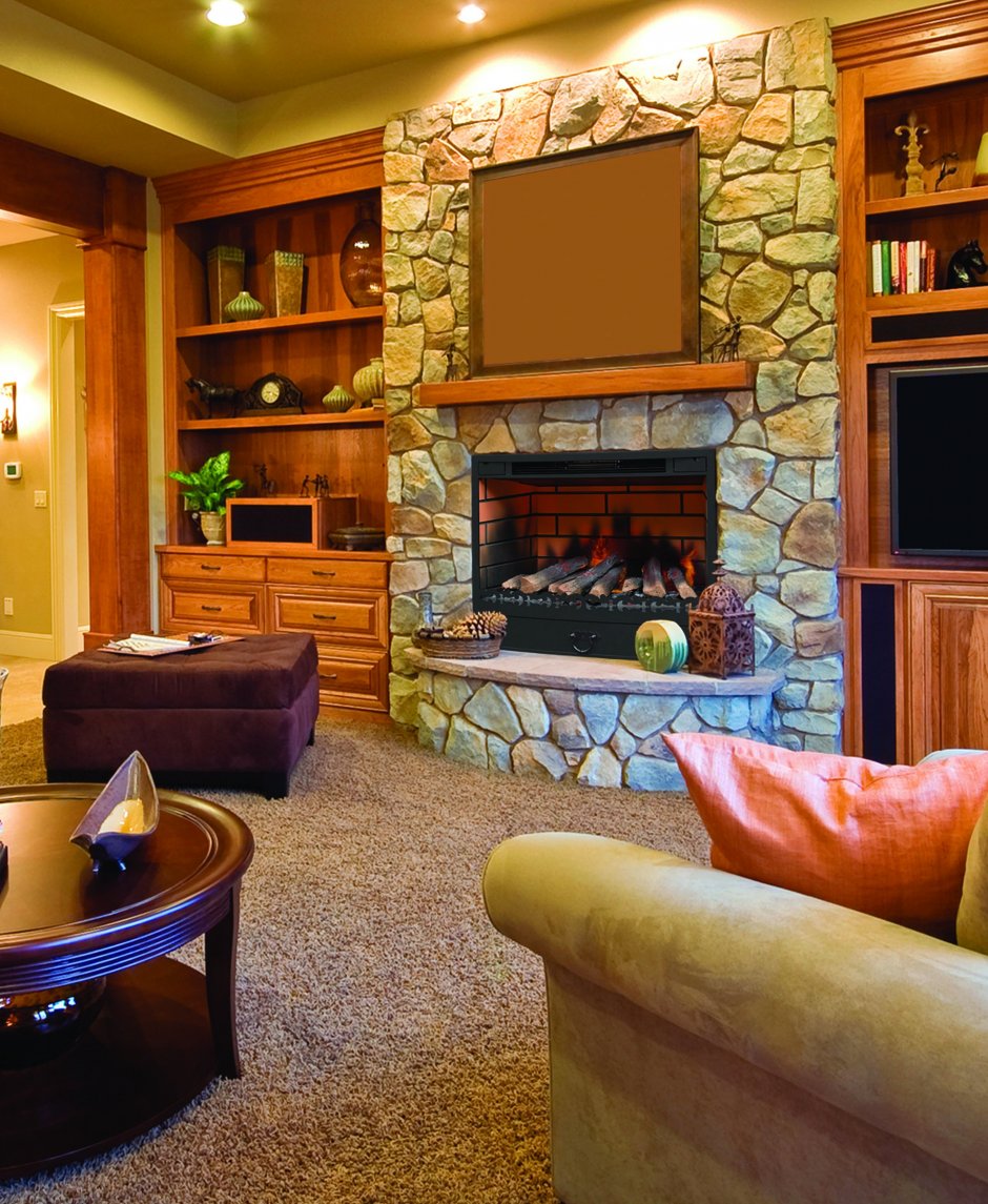 Интерьер гостиная с камином в коричневом цвете