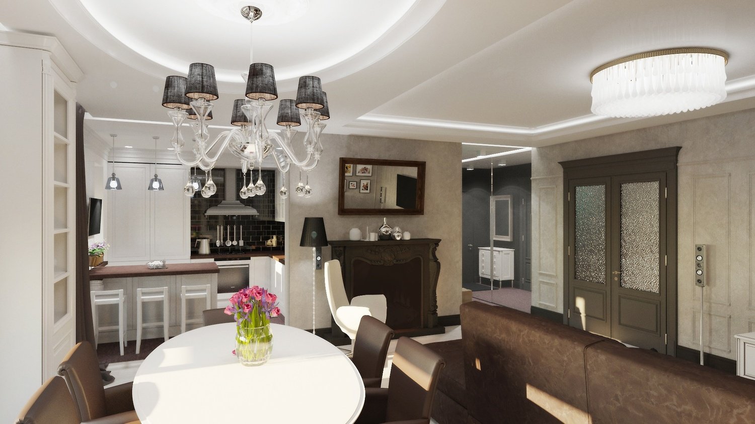 люстры в интерьере гостиной совмещенной с кухней в современном стиле