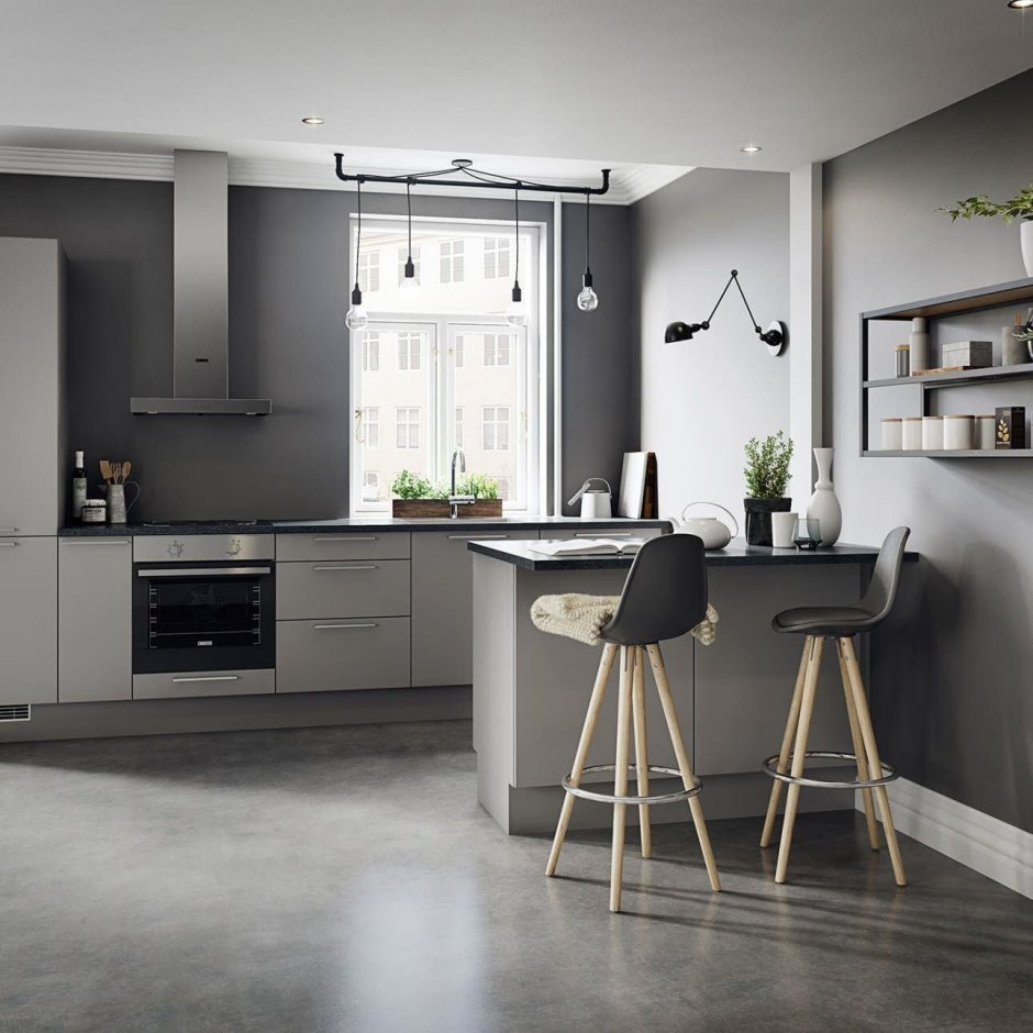Серый цвет стен на кухне (34 фото)