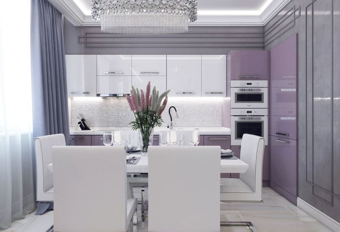 Лиловая кухня с серыми обоями дизайн (41 фото)