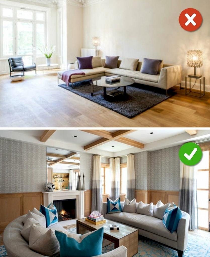 Интерьер комнаты гостиной до и после