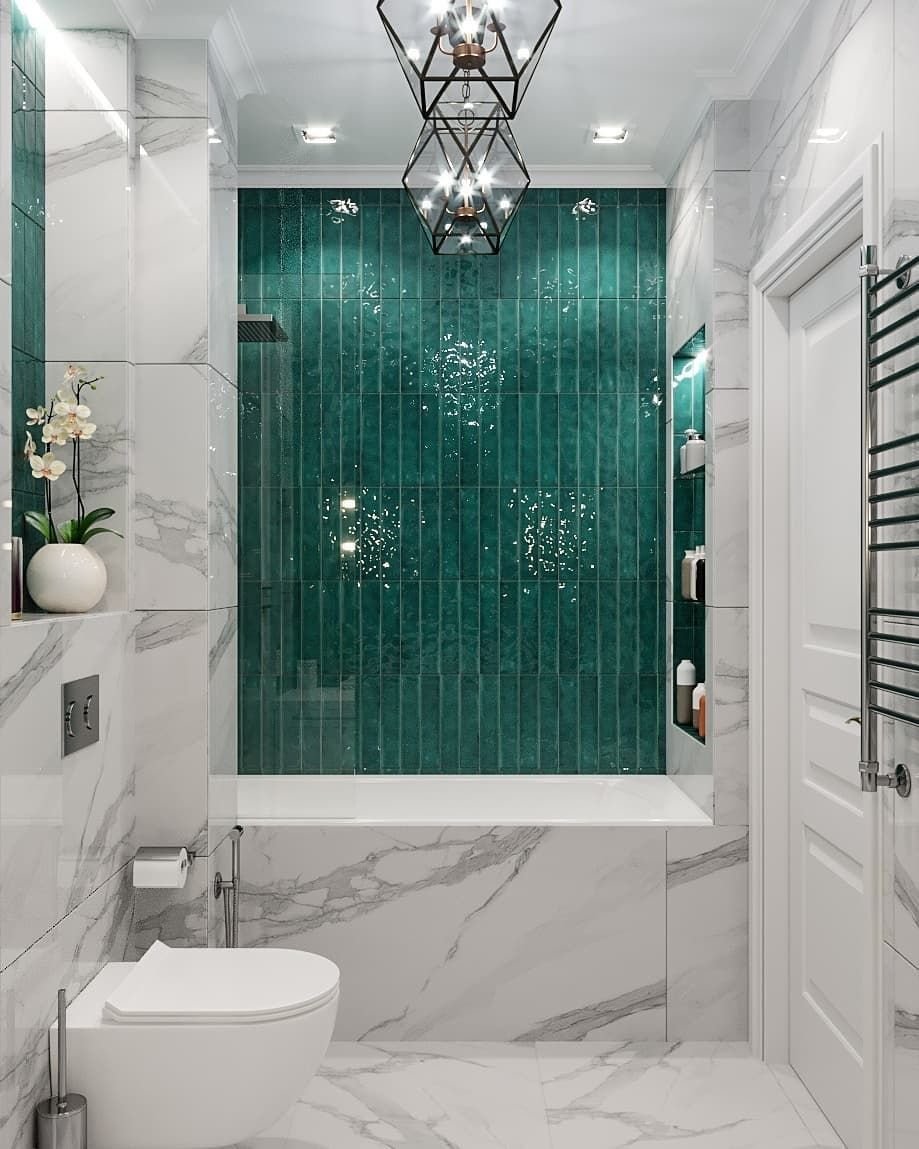 Дизайн ванной комнаты плитка под мрамор зеленый с белым