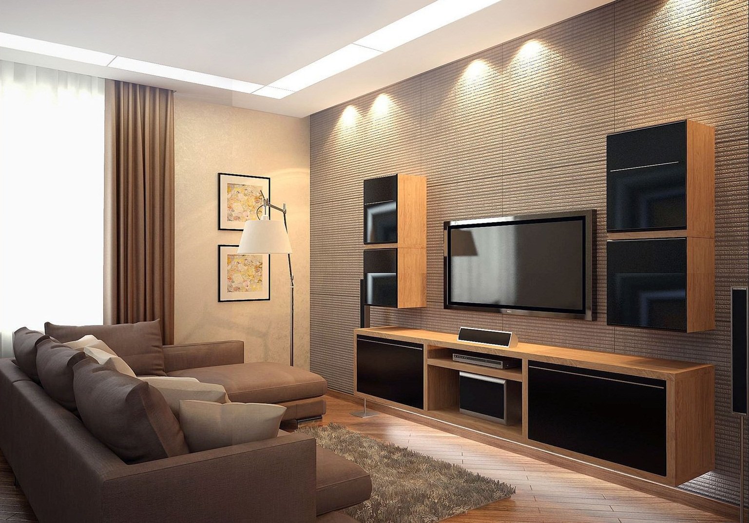 Дизайн гостиной с угловым диваном и стенкой под телевизор