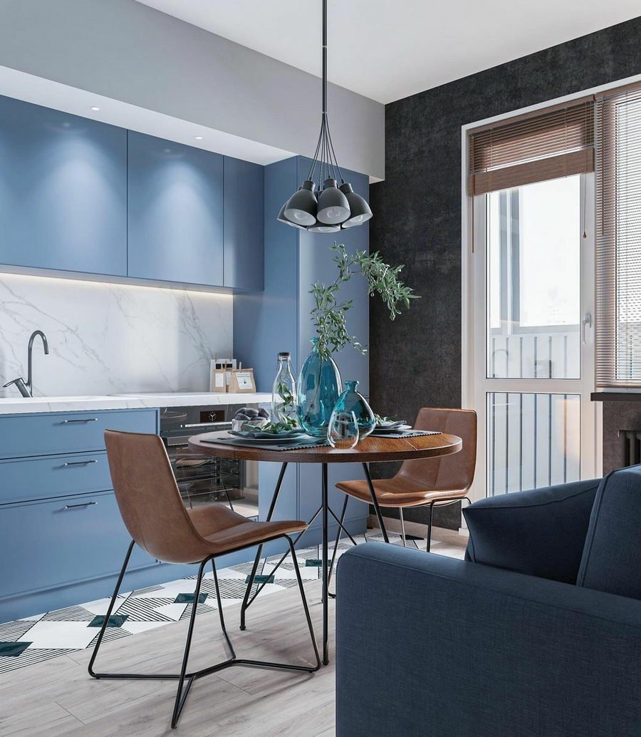 Серо синий цвет в интерьере кухни (35 фото)