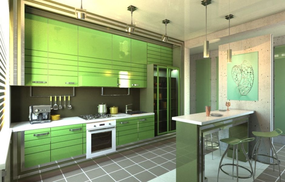 Разноцветная кухня зеленая