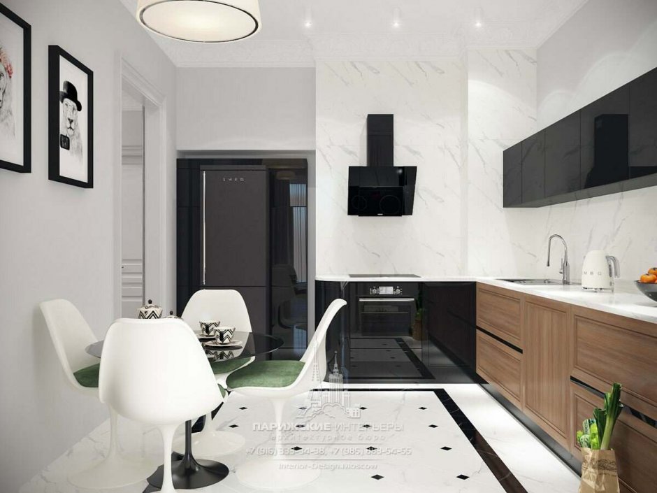 Кухня в чёрно белом стиле в квартиру