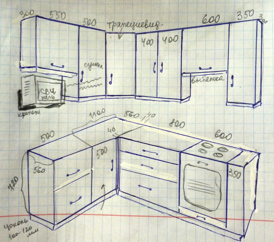 Схема кухонного гарнитура углового с размерами 6кв