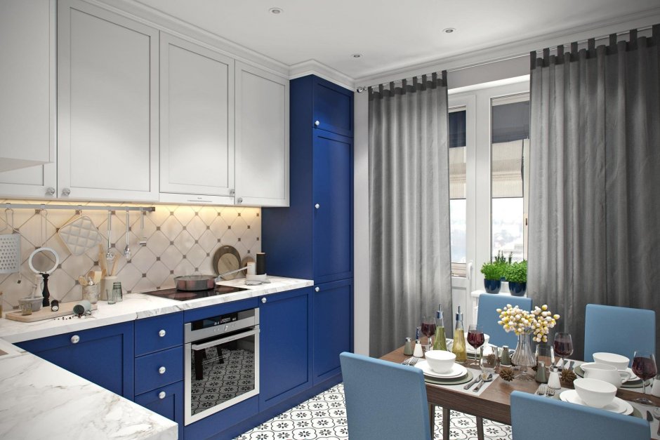 Бело синяя кухня с деревянной столешницей