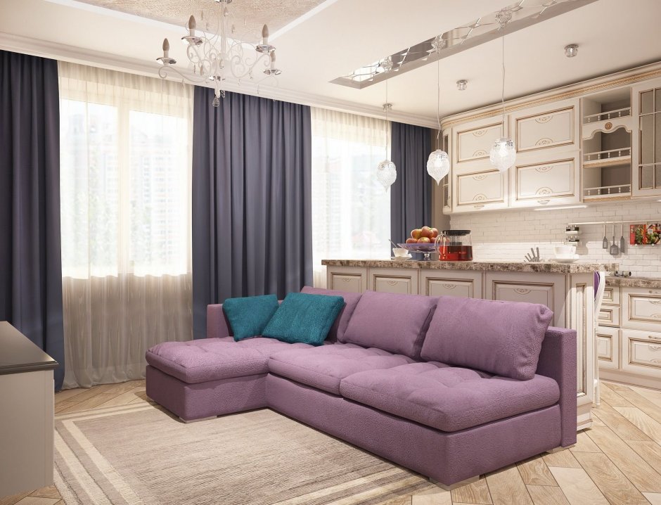 Сиреневый диван в интерьере в гостиной