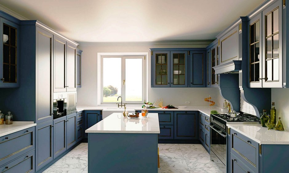 Серо-синяя кухня в интерьере