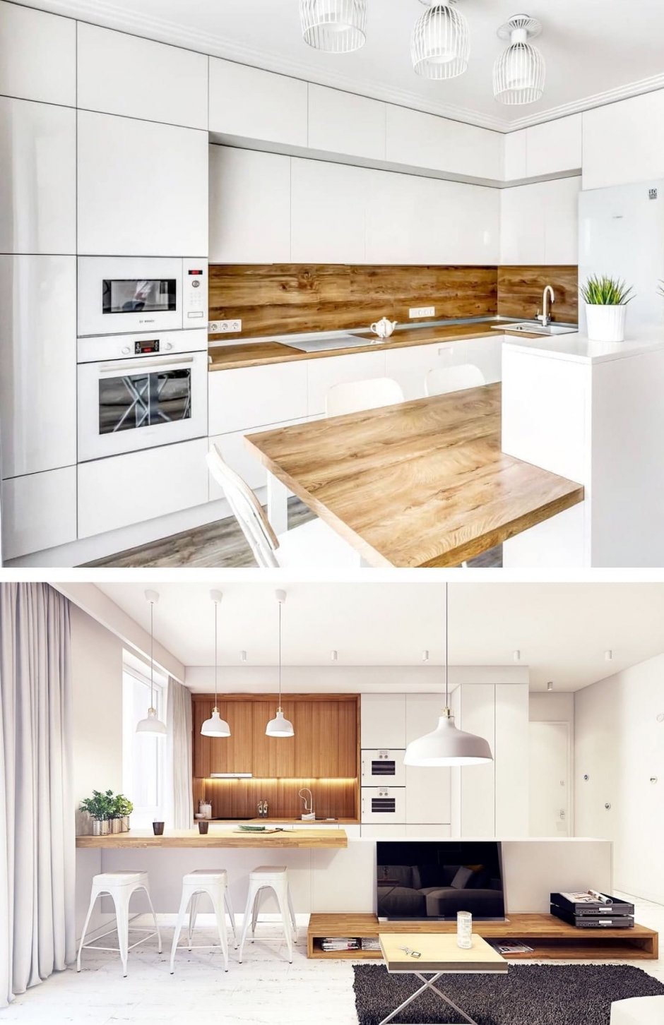 Белая глянцевая кухня с деревянной столешницей в современном стиле