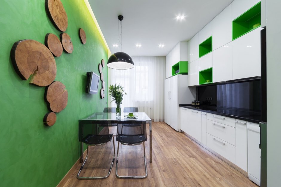 Кухня зеленая с деревом (63 фото)