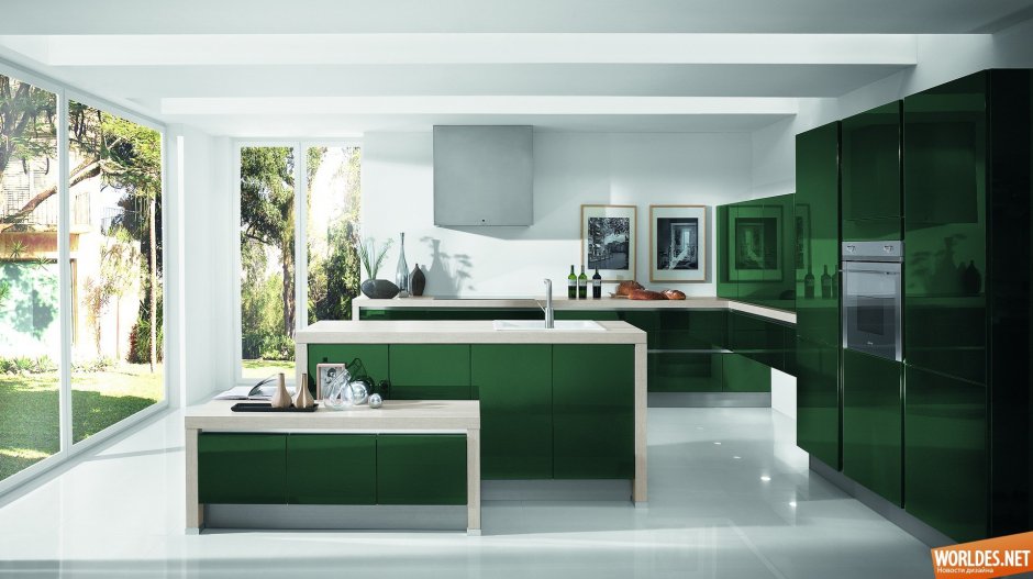Современная кухня темно зеленого цвета