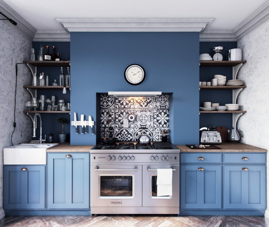 Синяя кухня в деревенском стиле