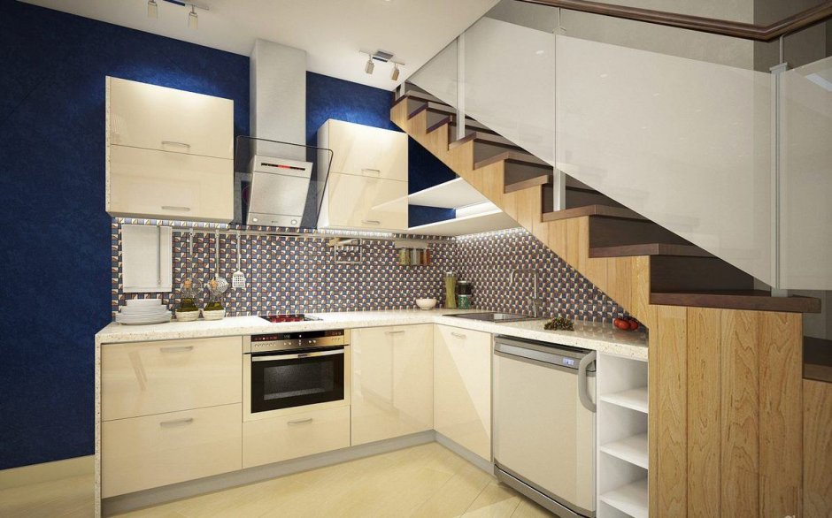 Современная лестница над кухней