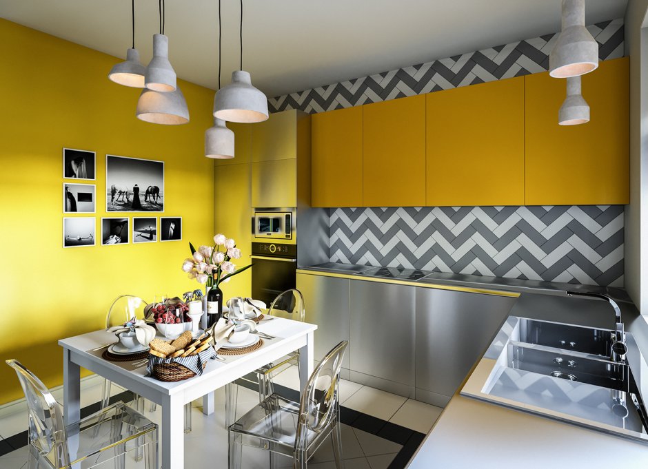 Желто-серая кухня визуализация