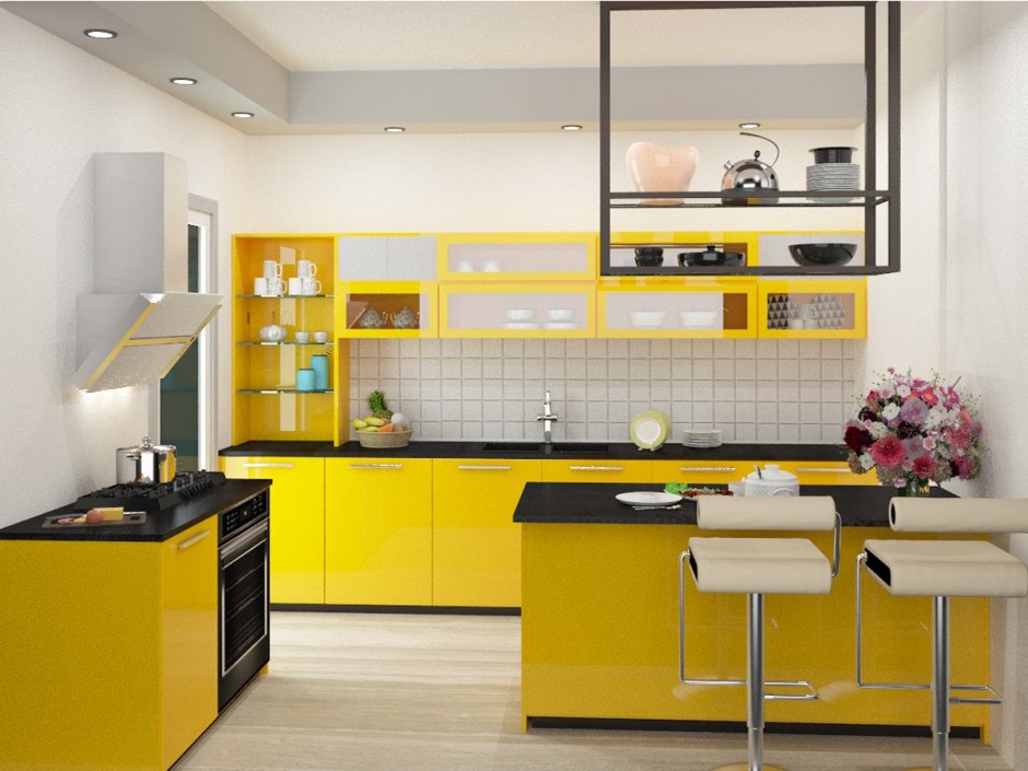 Желтый кухонный гарнитур в интерьере