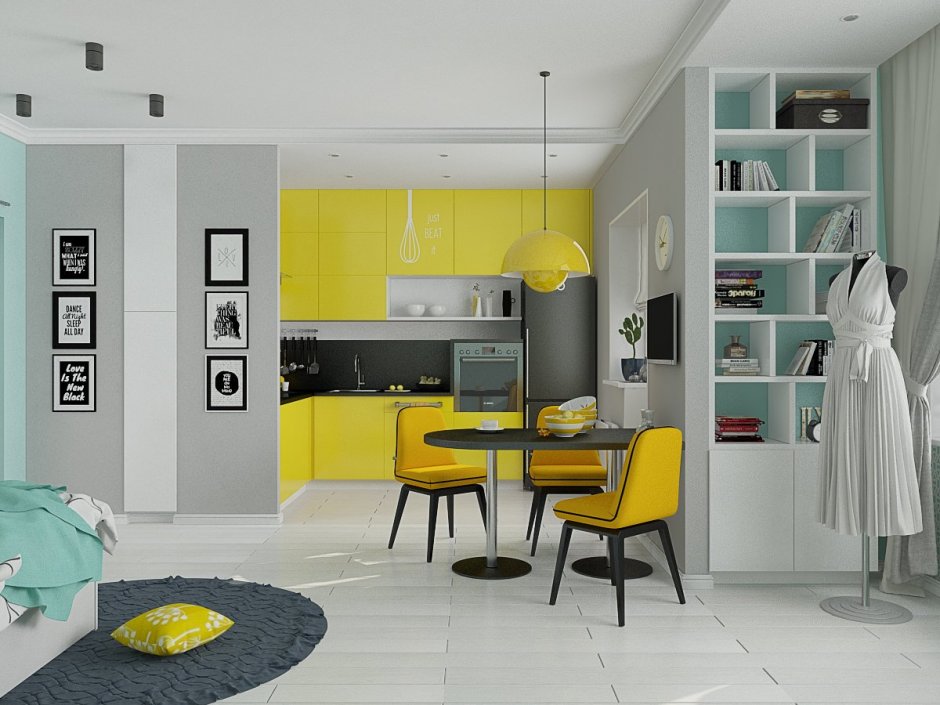Комбинированные желтые обои в кухне