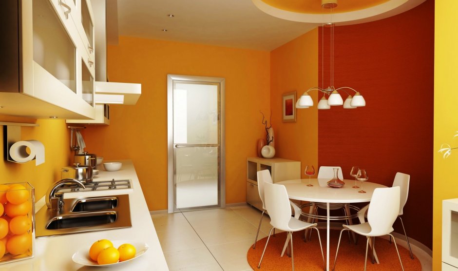Оранжевый цвет стен на кухне