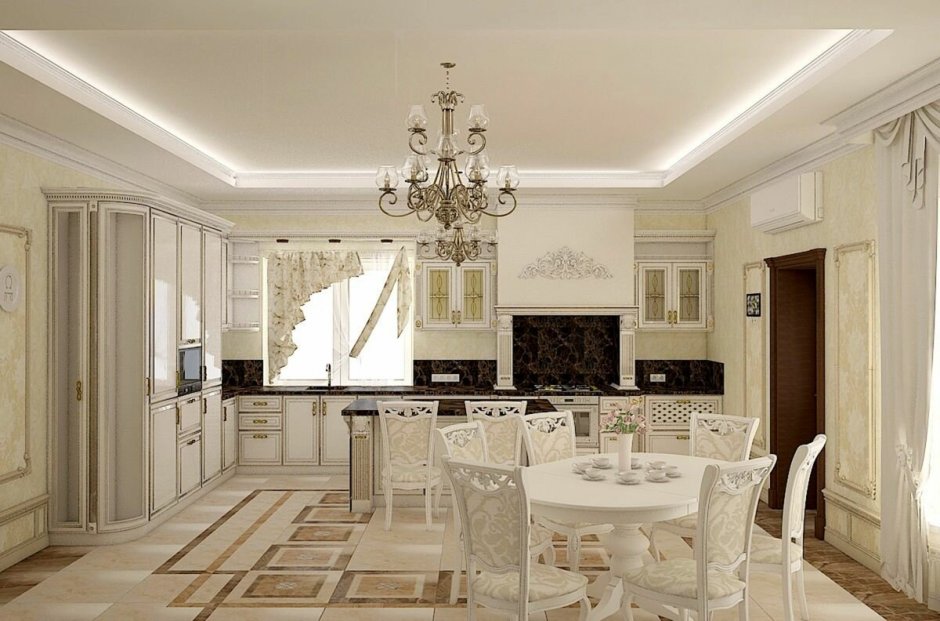 Кухня-гостиная в классическом стиле в частном доме