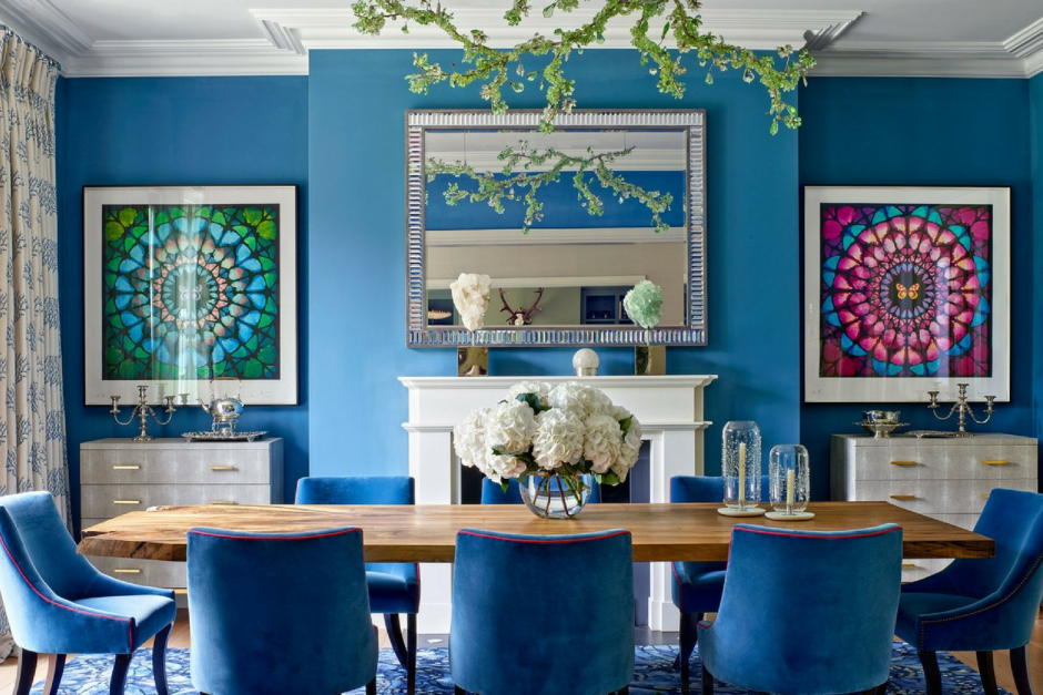 Синий цвет в интерьере столовой