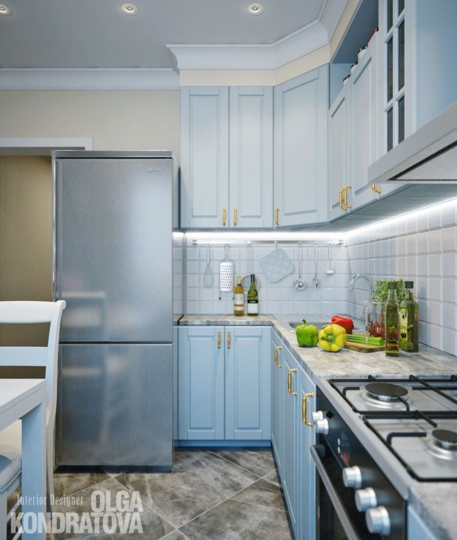 Серо голубая кухня в хрущевке