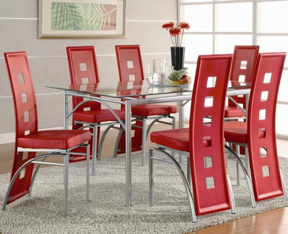 Столовая группа Table w/6 Red & Silver Dining Chairs