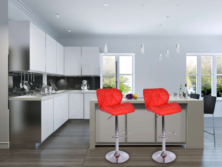 Белая кухня с красными стульями