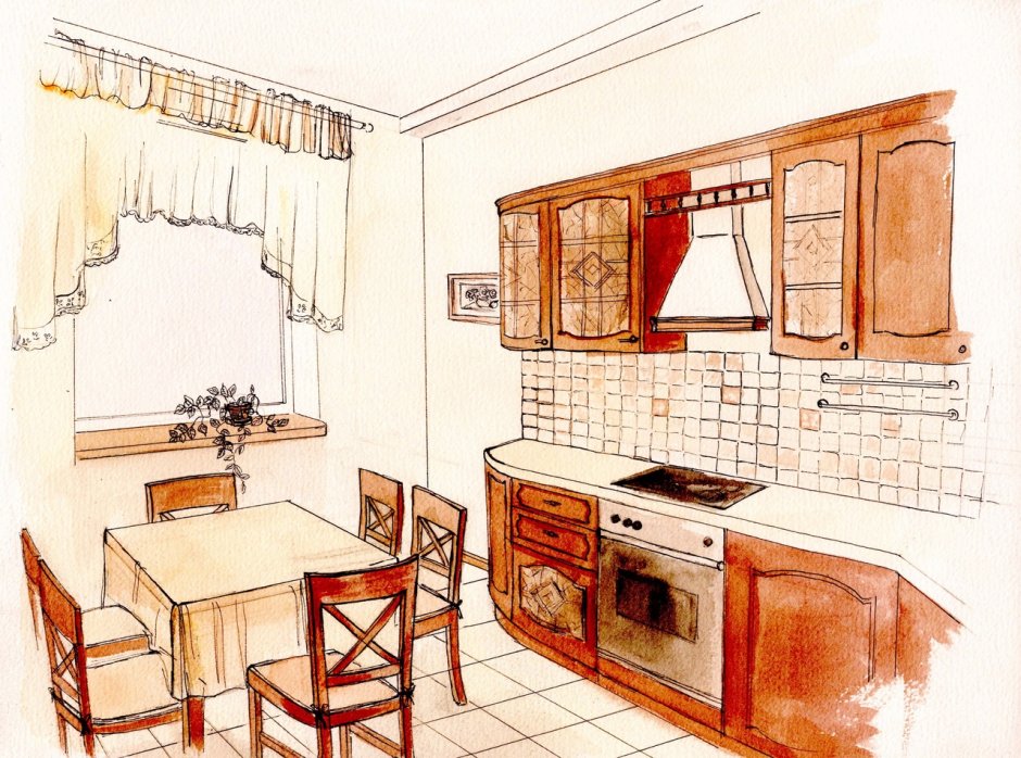 Нарисовать комнату кухню