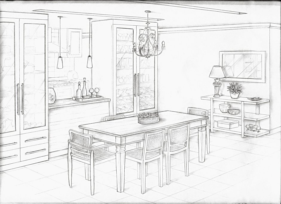 Интерьер комнаты карандашом кухня