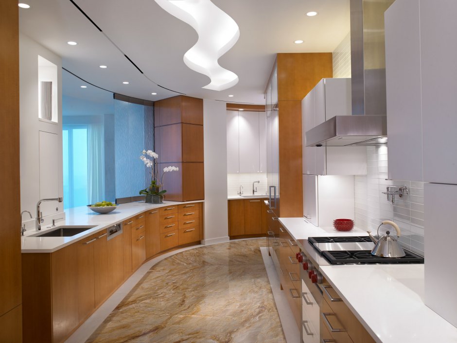 Освещение натяжных потолков на кухне дизайнерские