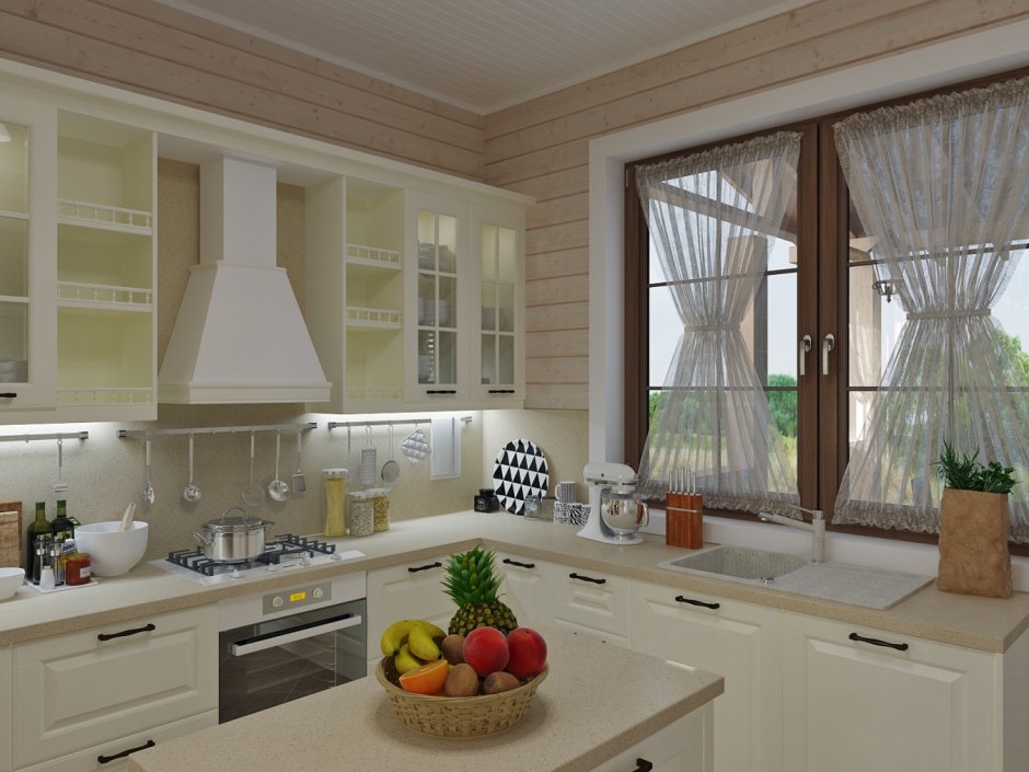 Интерьер кухни с окном в частном доме